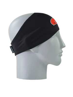 A black athletic headband with an orange and brown Cleveland Browns helmet logo on the forehead, displayed on a gray mannequin head in profile against a white background.