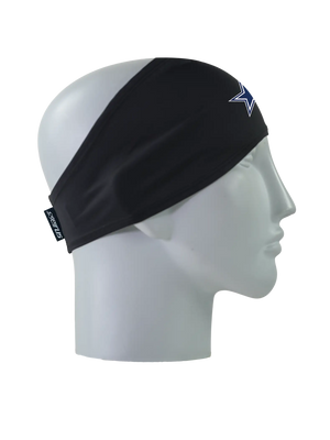 A black athletic headband with a blue and white Dallas Cowboys star logo on the forehead, displayed on a gray mannequin head in profile against a white background.