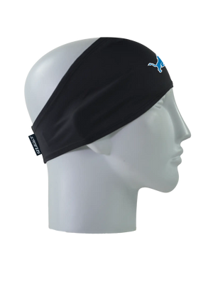 A black athletic headband with a blue and white Detroit Lions logo on the forehead, displayed on a gray mannequin head in profile against a white background.