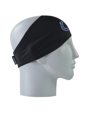 A black athletic headband with a blue Indianapolis Colts logo on the forehead, displayed on a gray mannequin head in profile against a white background.