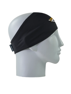 A black athletic headband with a gold, black, teal and white Jacksonville Jaguars logo on the forehead, displayed on a gray mannequin head in profile against a white background.