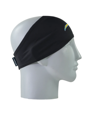 A black athletic headband with a yellow and blue Los Angeles Chargers logo on the forehead, displayed on a gray mannequin head in profile against a white background.