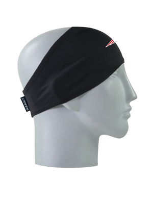 A black athletic headband with a blue and red New England Patriots logo on the forehead, displayed on a gray mannequin head in profile against a white background.