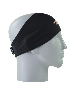 A black athletic headband with a gold and black New Orleans Saints logo on the forehead, displayed on a gray mannequin head in profile against a white background.