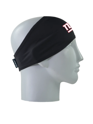 A black athletic headband with a white with red outline 'ny' New York Giants logo on the forehead, displayed on a gray mannequin head in profile against a white background.