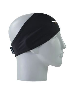 A black athletic headband with a classic Philadelphia Eagles logo on the forehead, displayed on a gray mannequin head in profile against a white background.