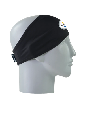 A black athletic headband with a circular Pittsburgh Steelers logo on the forehead, displayed on a gray mannequin head in profile against a white background.