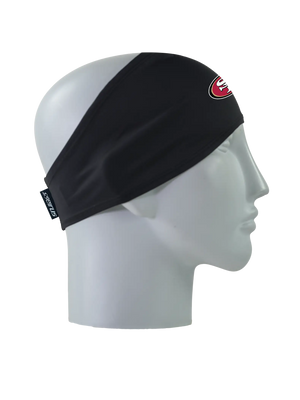 A black athletic headband with a white, red and black 'SF' San Francisco 49ers logo on the forehead, displayed on a gray mannequin head in profile against a white background.