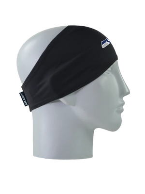 A black athletic headband with a blue and gray Seattle Seahawks logo on the forehead, displayed on a gray mannequin head in profile against a white background.