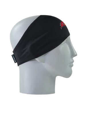A black athletic headband with a red Tampa Bay Buccaneers logo on the forehead, displayed on a gray mannequin head in profile against a white background.