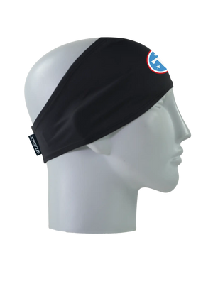 A black athletic headband with a blue and white 'T' Tennessee Titans logo on the forehead, displayed on a gray mannequin head in profile against a white background.