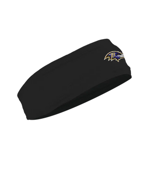 A black athletic headband featuring the Baltimore Ravens logo on the forehead, displayed against a solid white background.