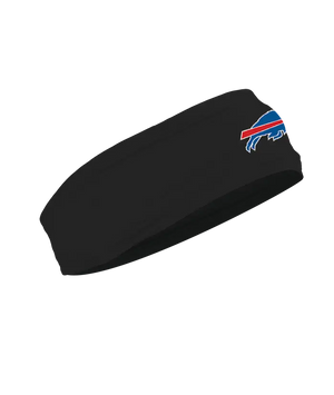 A black athletic headband featuring the Buffalo Bills logo on the forehead, displayed against a solid white background.