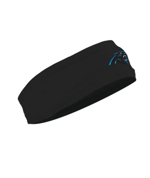 A black athletic headband featuring the Carolina Panthers logo on the forehead, displayed against a solid white background.