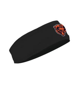 A black athletic headband featuring the Chicago Bears logo on the forehead, displayed against a solid white background.