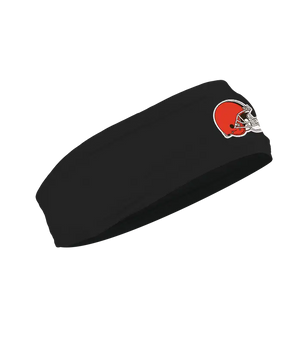 A black athletic headband featuring the Cleveland Browns logo on the forehead, displayed against a solid white background.
