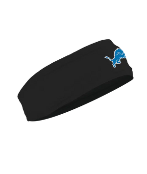 A black athletic headband featuring the Detroit Lions logo on the forehead, displayed against a solid white background.
