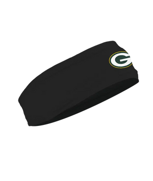 A black athletic headband featuring the Green Bay Packers logo on the forehead, displayed against a solid white background.