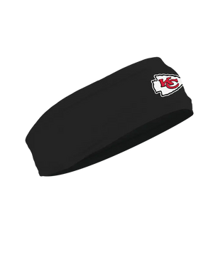 A black athletic headband featuring the Kansas City Chiefs logo on the forehead, displayed against a solid white background.