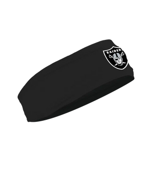 A black athletic headband featuring the Las Vegas Raiders logo on the forehead, displayed against a solid white background.