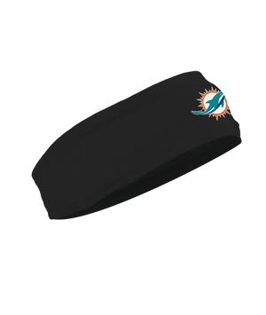 A black athletic headband featuring the Miami Dolphins logo on the forehead, displayed against a solid white background.