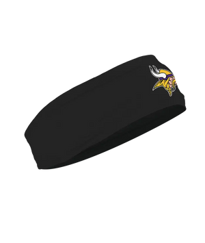 A black athletic headband featuring the Minnesota Vikings logo on the forehead, displayed against a solid white background.