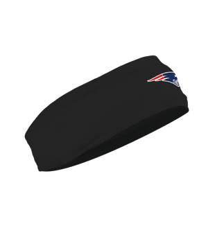 A black athletic headband featuring the New England Patriots logo on the forehead, displayed against a solid white background.