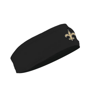 A black athletic headband featuring the New Orleans Saints logo on the forehead, displayed against a solid white background.