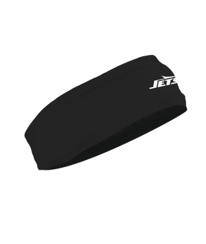 A black athletic headband featuring the New York Jets logo on the forehead, displayed against a solid white background.