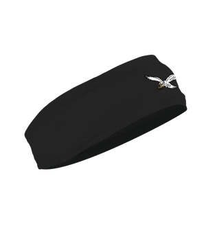 A black athletic headband featuring the classic Philadelphia Eagles logo on the forehead, displayed against a solid white background.