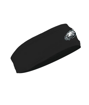 A black athletic headband featuring the Philadelphia Eagles logo on the forehead, displayed against a solid white background.