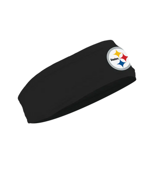 A black athletic headband featuring the circular Pittsburgh Steelers logo on the forehead, displayed against a solid white background.