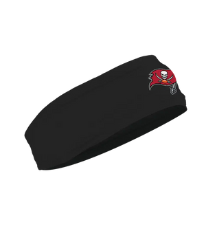 A black athletic headband featuring the Tampa Bay Buccaneers logo on the forehead, displayed against a solid white background.