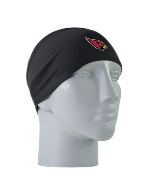 A black athletic headband with a red and black Arizona Cardinals logo on the forehead, displayed on a gray mannequin head against a white background.
