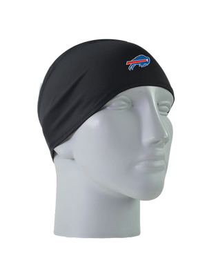 A black athletic headband with a blue and red Buffalo Bills logo on the forehead, displayed on a gray mannequin head against a white background.