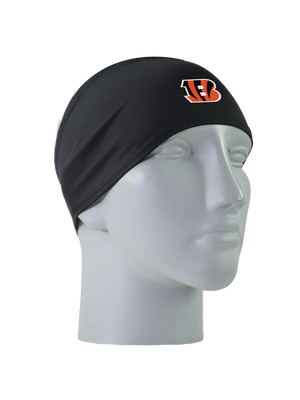 A black athletic headband with an orange and black ‘B’ Cincinnati Bengals logo on the forehead, displayed on a gray mannequin head against a white background.