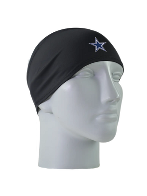 A black athletic headband with a blue and white Dallas Cowboys star logo on the forehead, displayed on a gray mannequin head against a white background.