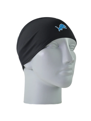 A black athletic headband with a blue and white Detroit Lions logo on the forehead, displayed on a gray mannequin head against a white background.