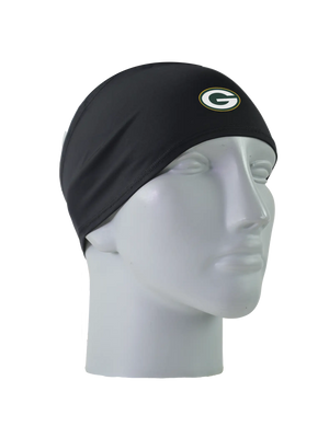 A black athletic headband with a white, green and gold 'G' Green Bay Packers logo on the forehead, displayed on a gray mannequin head against a white background.