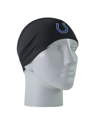 A black athletic headband with a blue Indianapolis Colts logo on the forehead, displayed on a gray mannequin head against a white background.