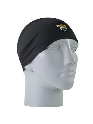 A black athletic headband with a gold, black, teal and white Jacksonville Jaguars logo on the forehead, displayed on a gray mannequin head against a white background.