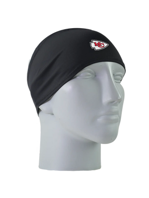 A black athletic headband with a red, white and black 'KC' Kansas City Chiefs logo on the forehead, displayed on a gray mannequin head against a white background.