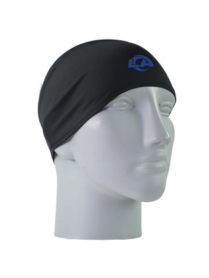A black athletic headband with a blue 'LA' Los Angeles Rams logo on the forehead, displayed on a gray mannequin head against a white background.
