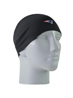 A black athletic headband with a blue and red New England Patriots logo on the front, displayed on a gray mannequin head against a white background.