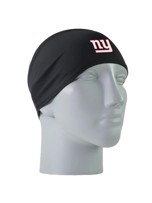 A black athletic headband with a white with red outline 'ny' New York Giants logo on the front, displayed on a gray mannequin head against a white background.
