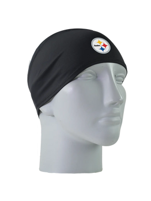 A black athletic headband with a circular Pittsburgh Steelers logo on the front, displayed on a gray mannequin head against a white background.