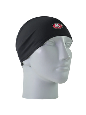 A black athletic headband with a white, red and black 'SF' San Francisco 49ers logo on the front, displayed on a gray mannequin head against a white background.
