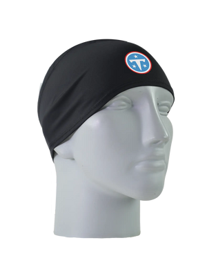 A black athletic headband with a blue and white 'T' Tennessee Titans logo on the front, displayed on a gray mannequin head against a white background.