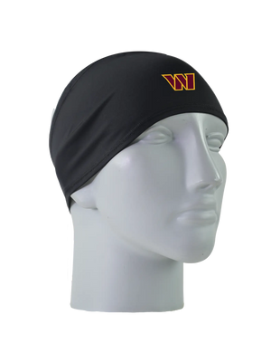 A black athletic headband with a gold and maroon 'W' Washington Commanders logo on the front, displayed on a gray mannequin head against a white background.