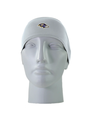 A gray athletic headband with a purple and gold Baltimore Ravens logo on the forehead, displayed on a gray mannequin head against a white background.
